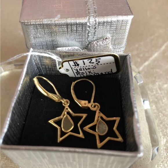 Natural Raw Uncut Yellow Polki Diamond Star Earrings 14KYG/SS - Picture 1 of 6